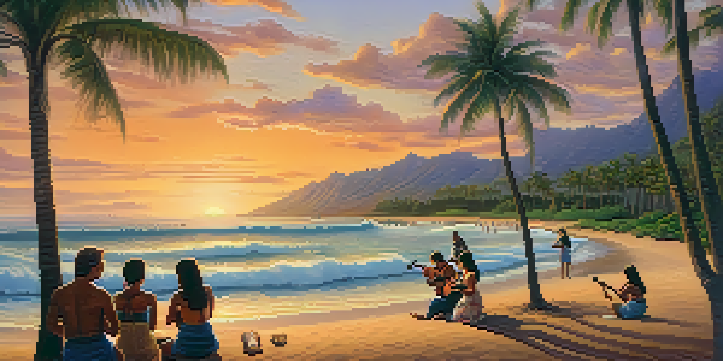 A peaceful beach at sunset with people playing ukuleles and hula dancers, surrounded by palm trees.