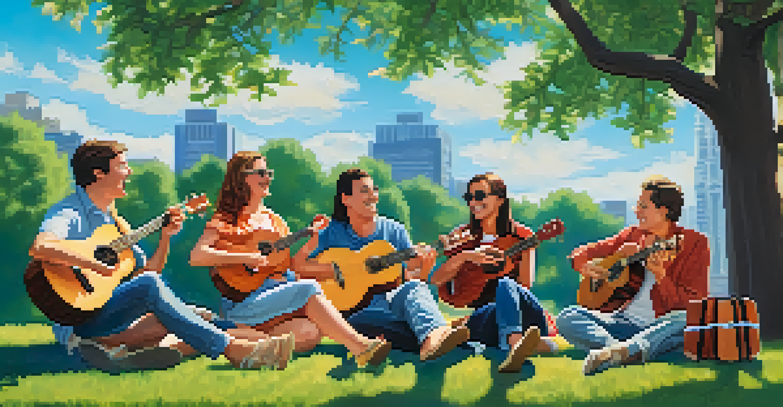 A group of diverse people playing ukuleles in a sunny park, enjoying music and sharing tips with each other.