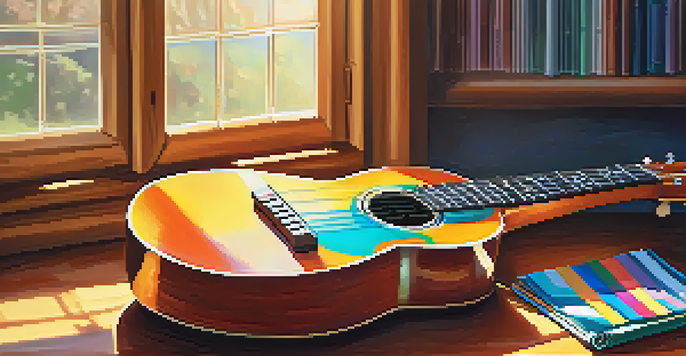 A close-up of a ukulele on a wooden table with colorful sheet music and a tuner, illuminated by warm sunlight.