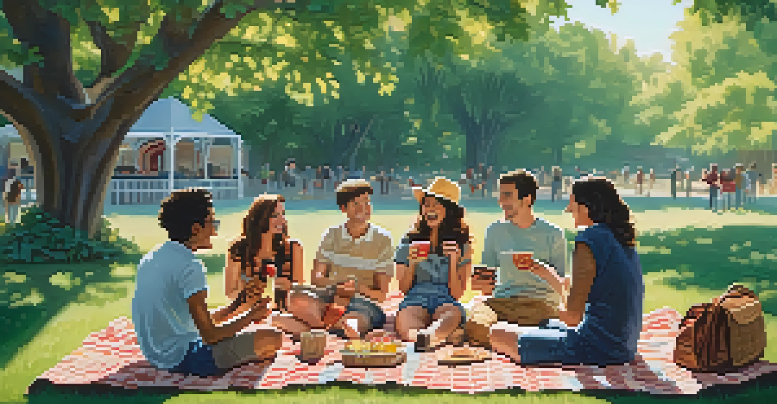 A group of friends enjoying a picnic in a park, each with a ukulele, surrounded by snacks and a large tree.