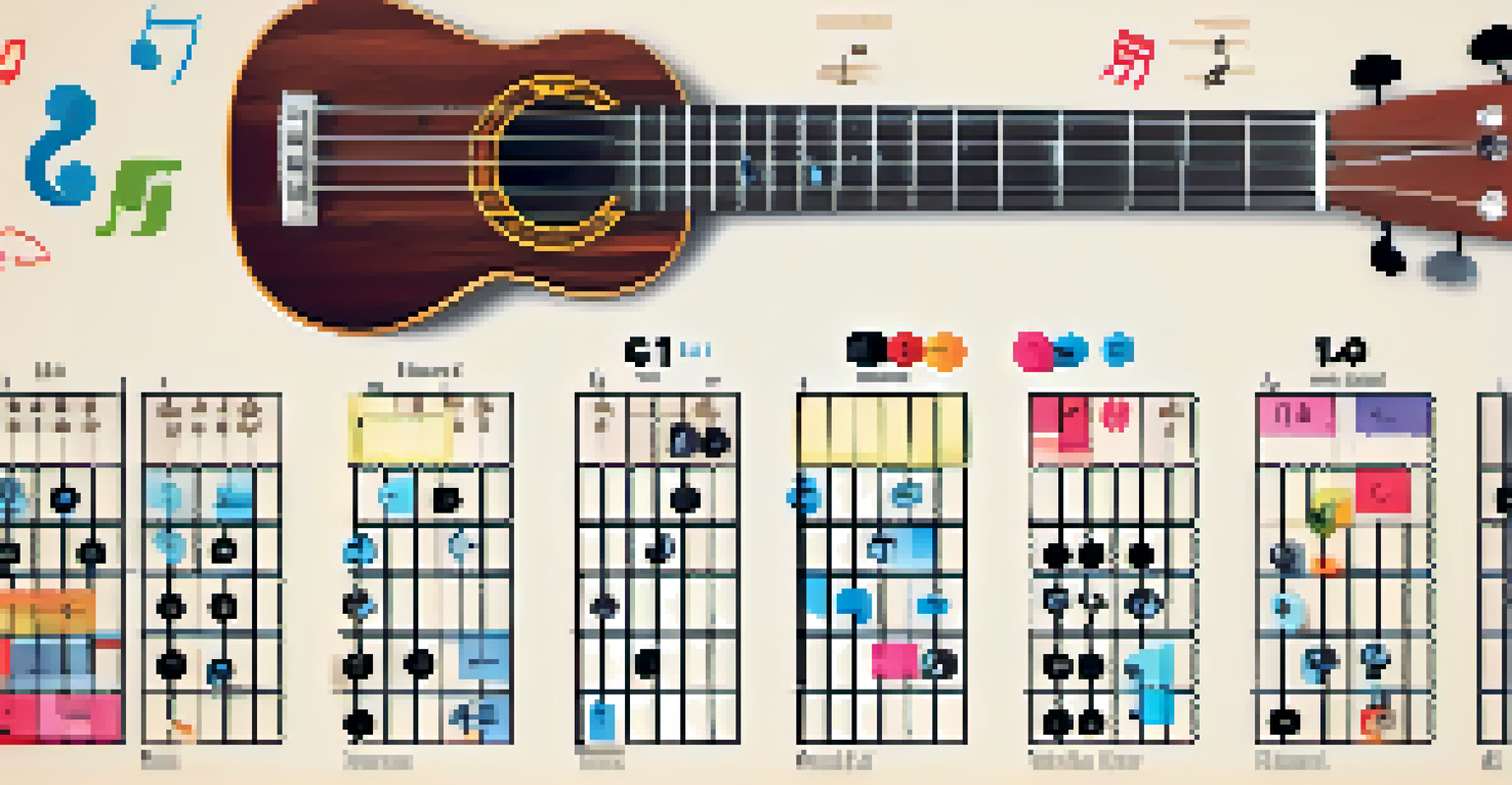 An infographic showcasing common ukulele chords with finger placements, featuring vibrant colors and a musical note pattern.