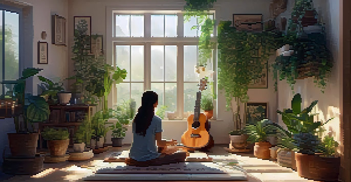 A person meditating while playing a ukulele in a cozy indoor space surrounded by plants and candles.