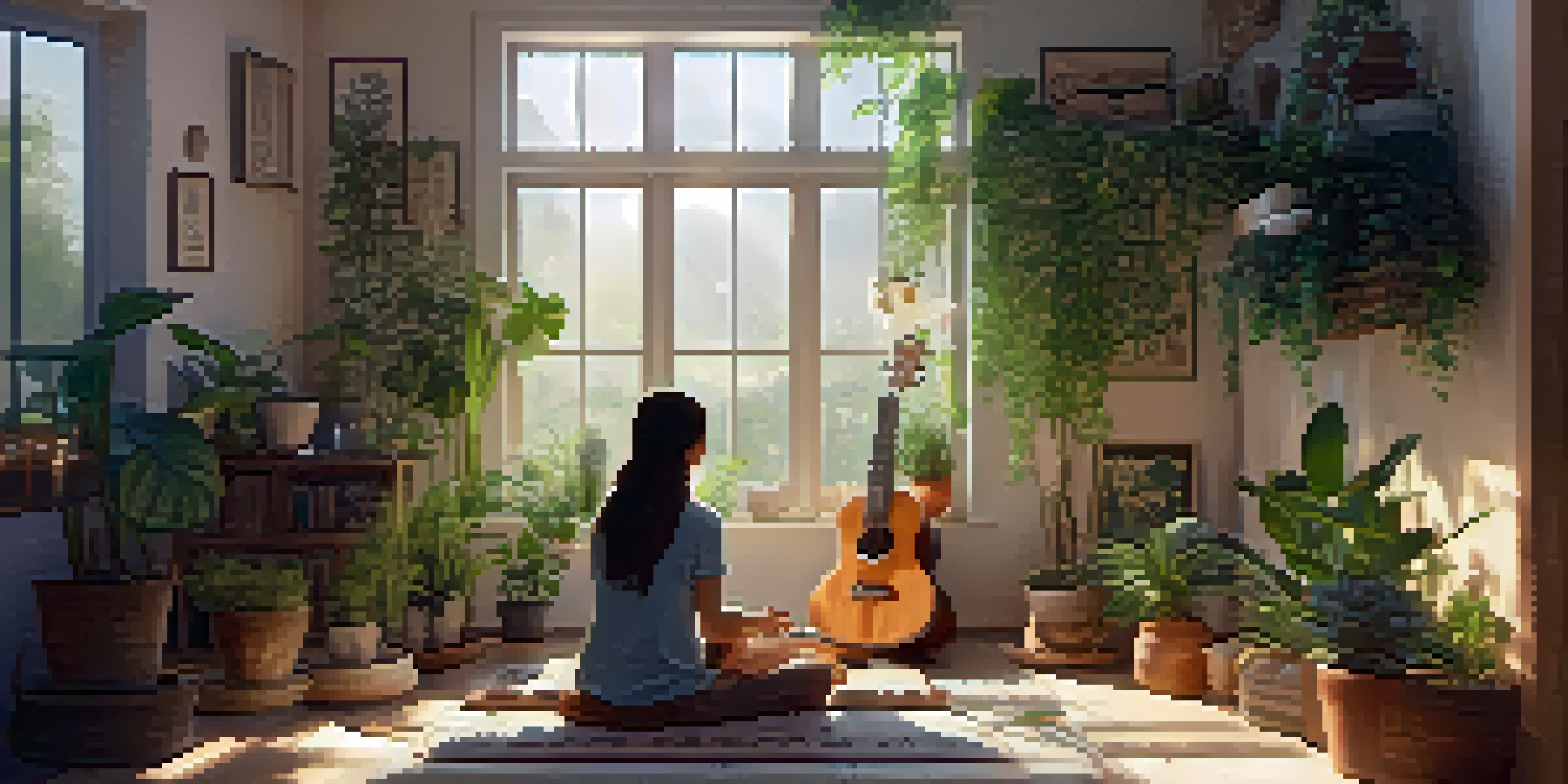 A person meditating while playing a ukulele in a cozy indoor space surrounded by plants and candles.