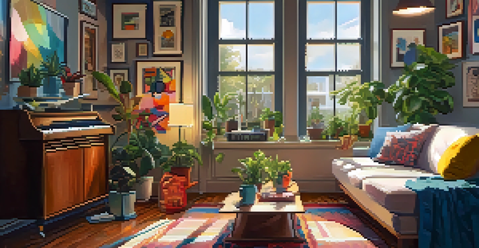 A person playing a ukulele on a couch in a bright living room filled with plants and colorful decor.