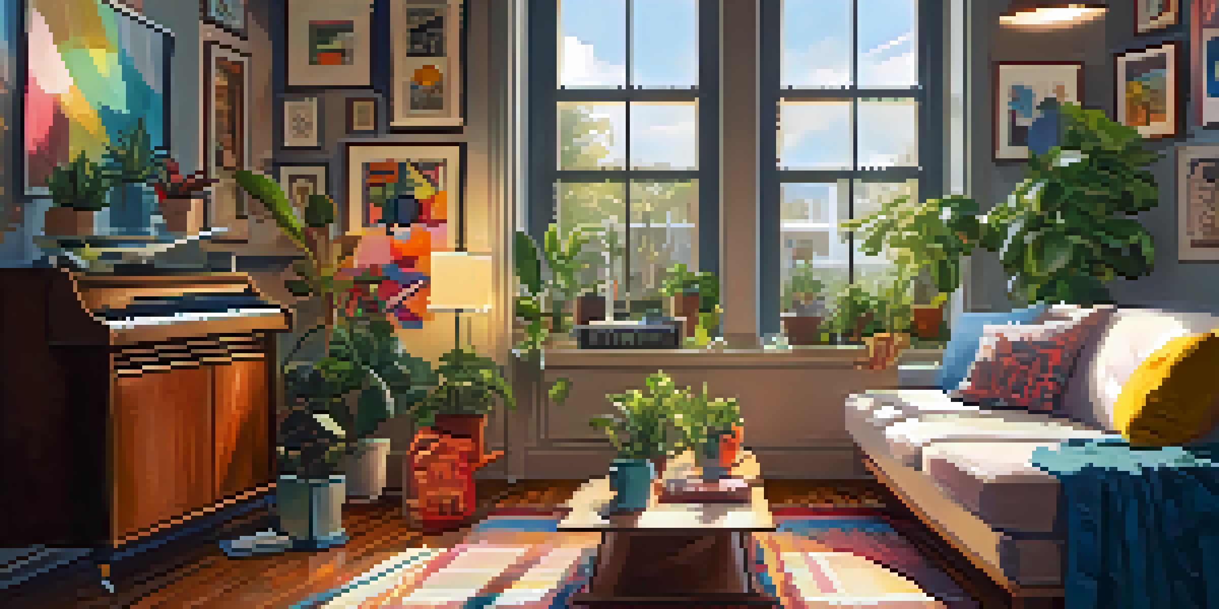 A person playing a ukulele on a couch in a bright living room filled with plants and colorful decor.