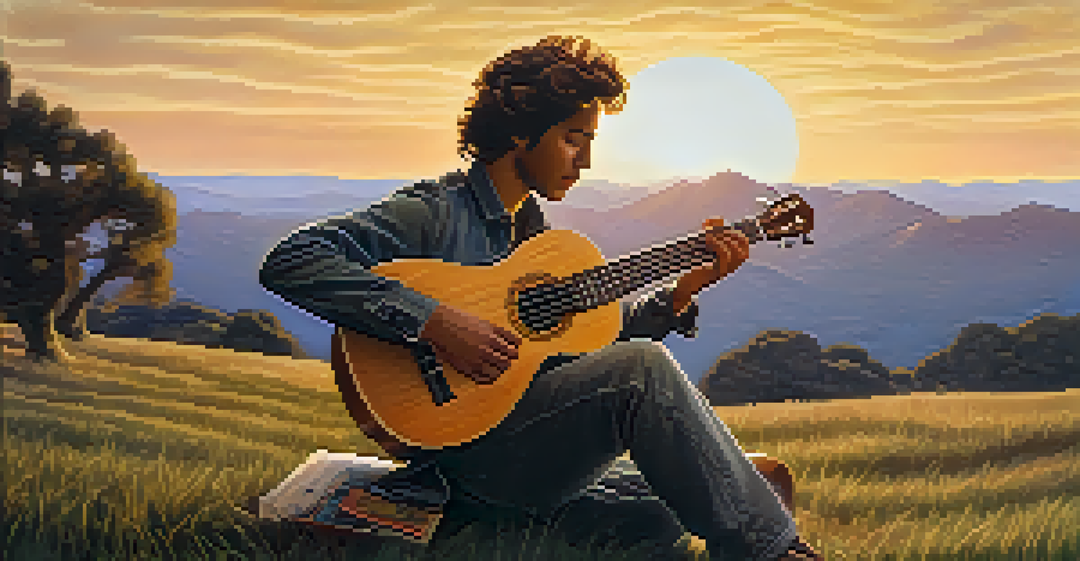 A musician playing a ukulele on a grassy hill during sunset, with a warm golden light surrounding the scene.