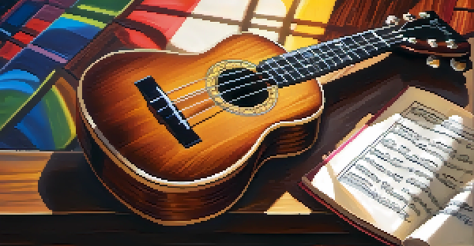 A close-up of a polished ukulele on a wooden table with sunlight and shadows, surrounded by music sheets and a cup of tea.