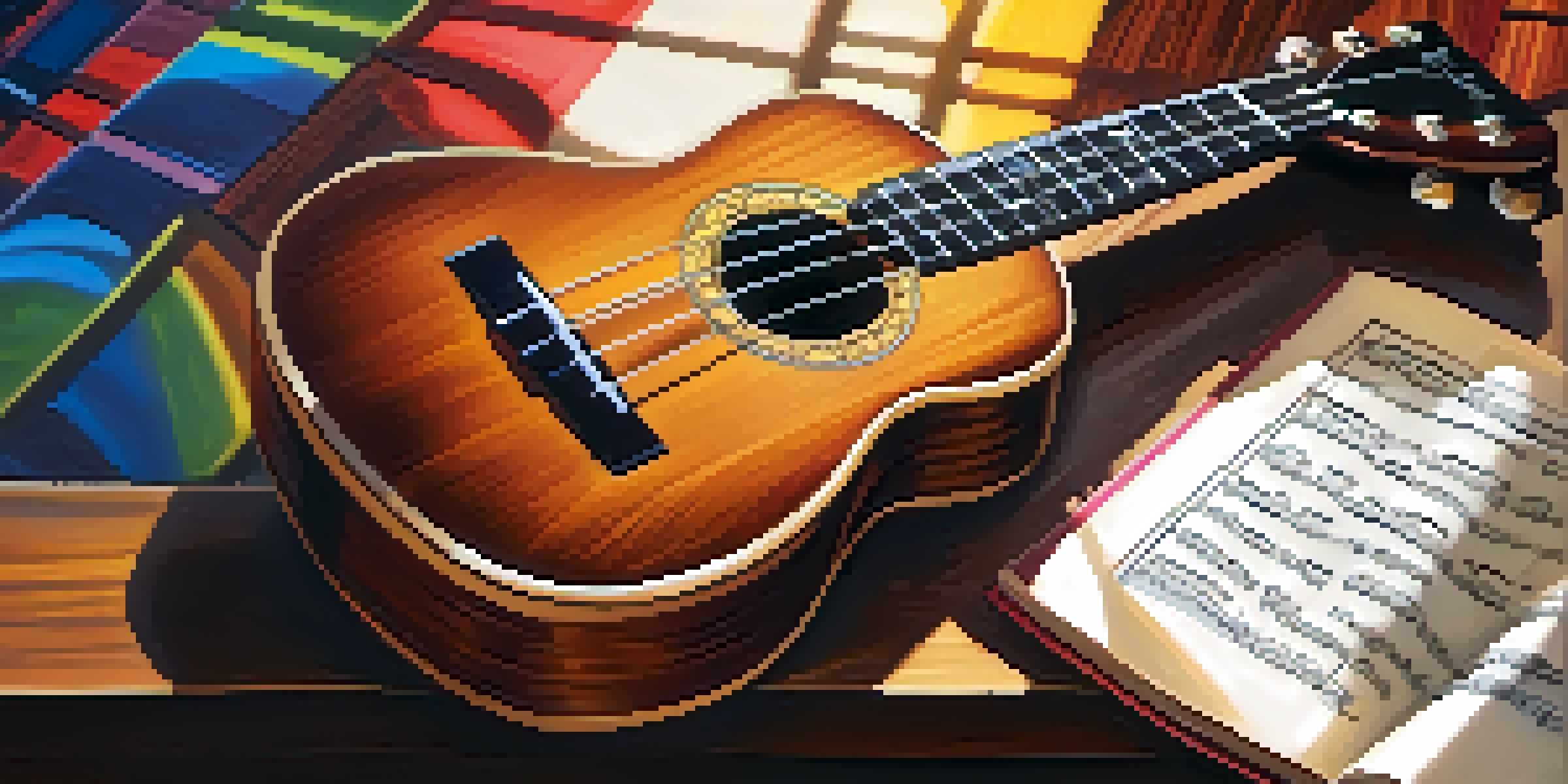 A close-up of a polished ukulele on a wooden table with sunlight and shadows, surrounded by music sheets and a cup of tea.