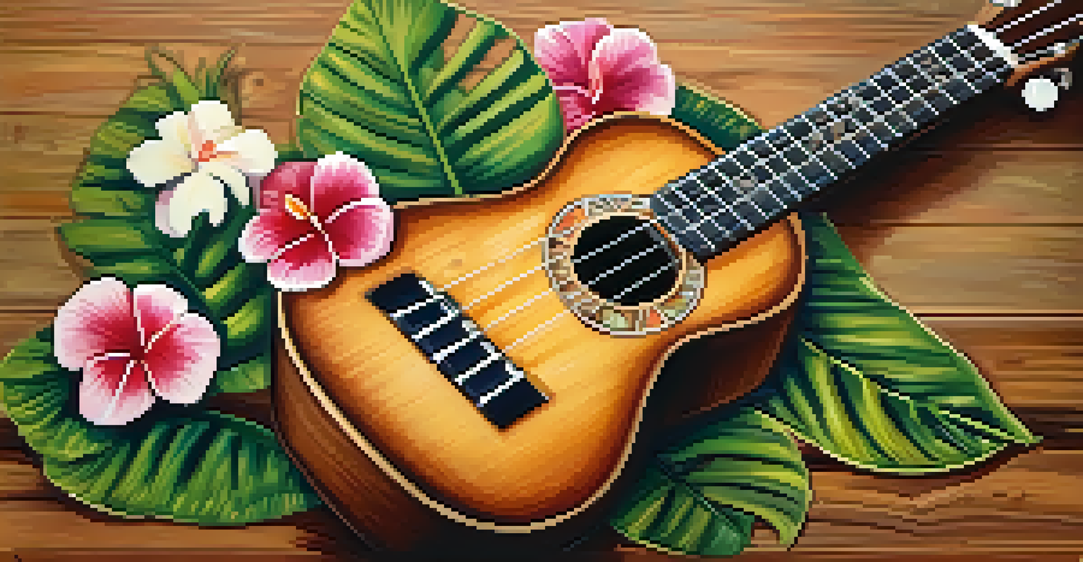 A close-up view of a ukulele on a wooden table, surrounded by tropical flowers and warm lighting.