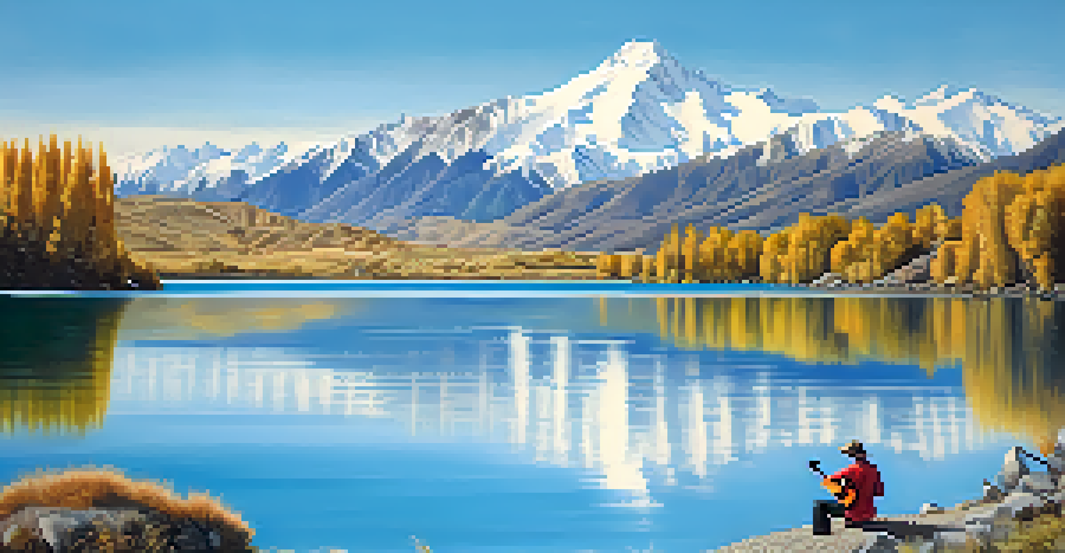 A person playing a ukulele by Lake Tekapo in New Zealand, with the Southern Alps in the background and clear blue skies.