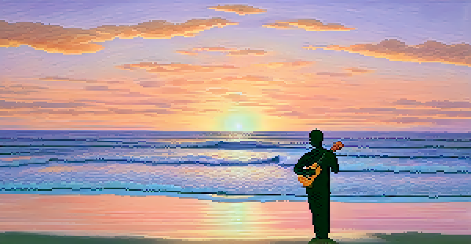 A silhouette of a person playing the ukulele on a beach at sunset with colorful skies.