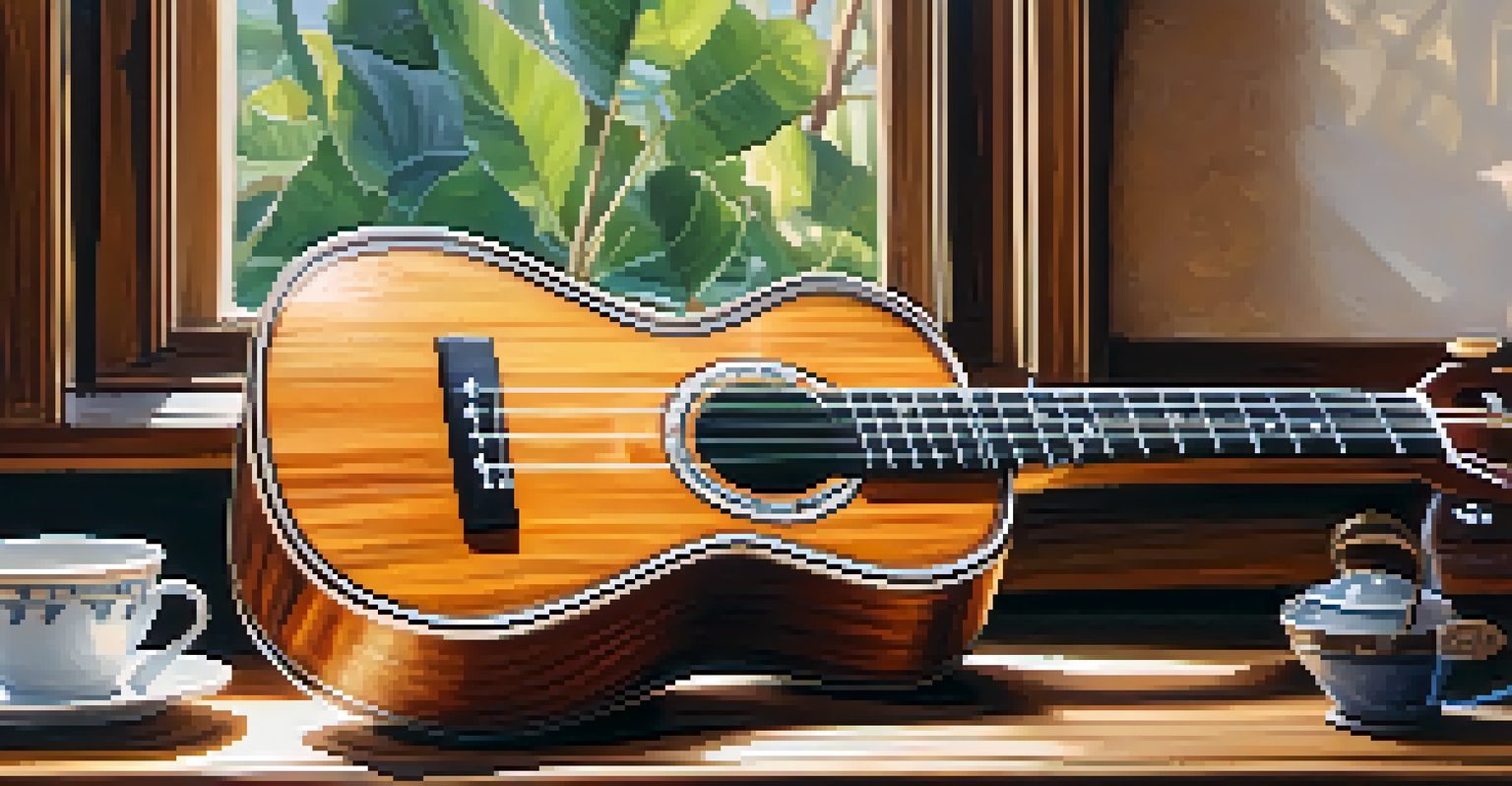 A close-up of a handcrafted ukulele on a wooden table with sheets of music and a cup of tea in a cozy setting.