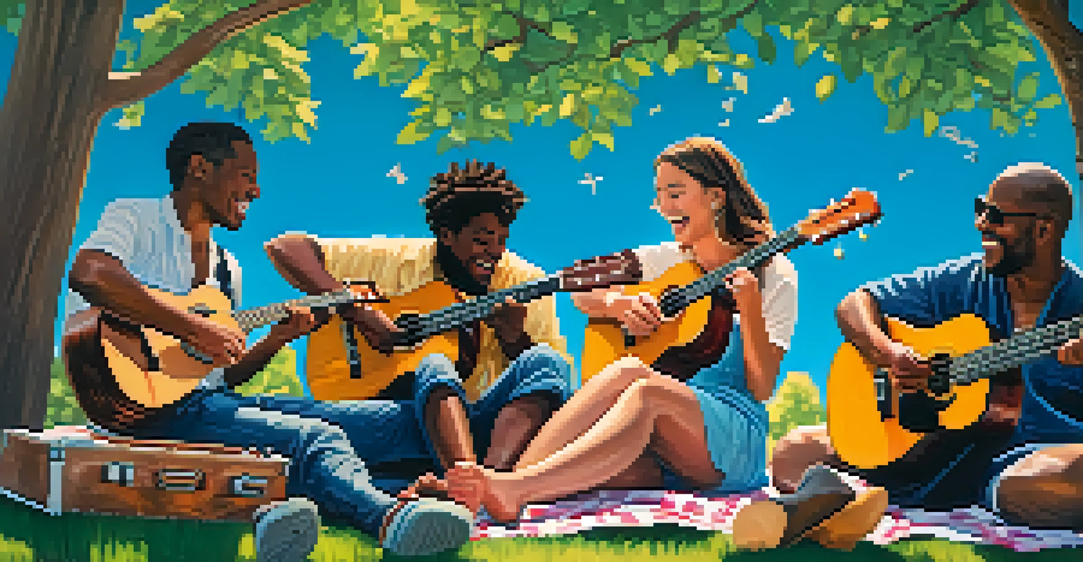 A diverse group of people playing ukuleles together in a park, enjoying music and laughter.