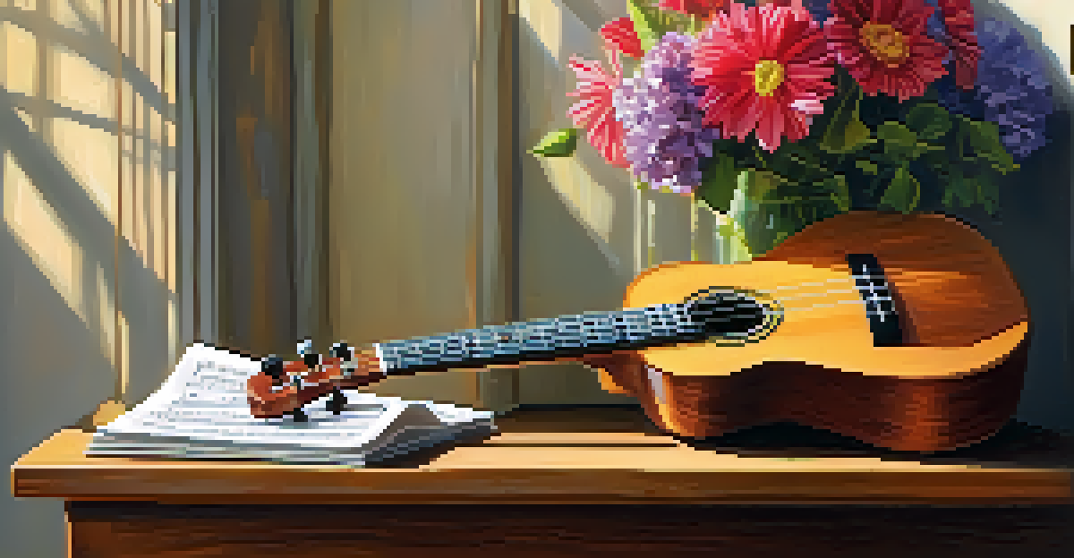 A close-up view of a ukulele on a wooden table, surrounded by sheet music and flowers, illuminated by soft natural light.