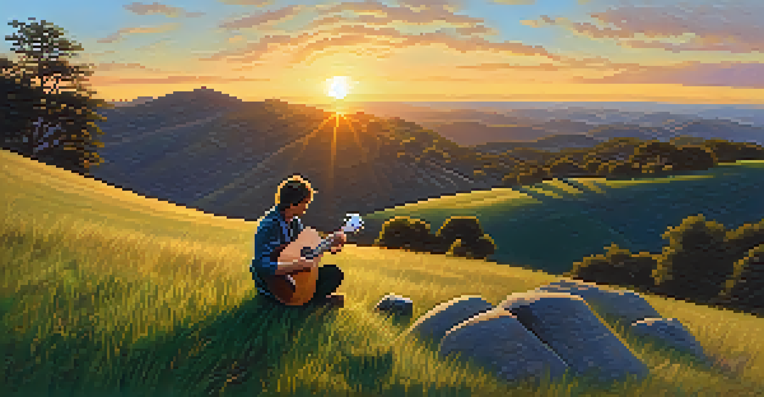 A musician sitting on a grassy hill playing a ukulele with fingerpicking techniques during sunset, surrounded by vibrant colors in the sky.