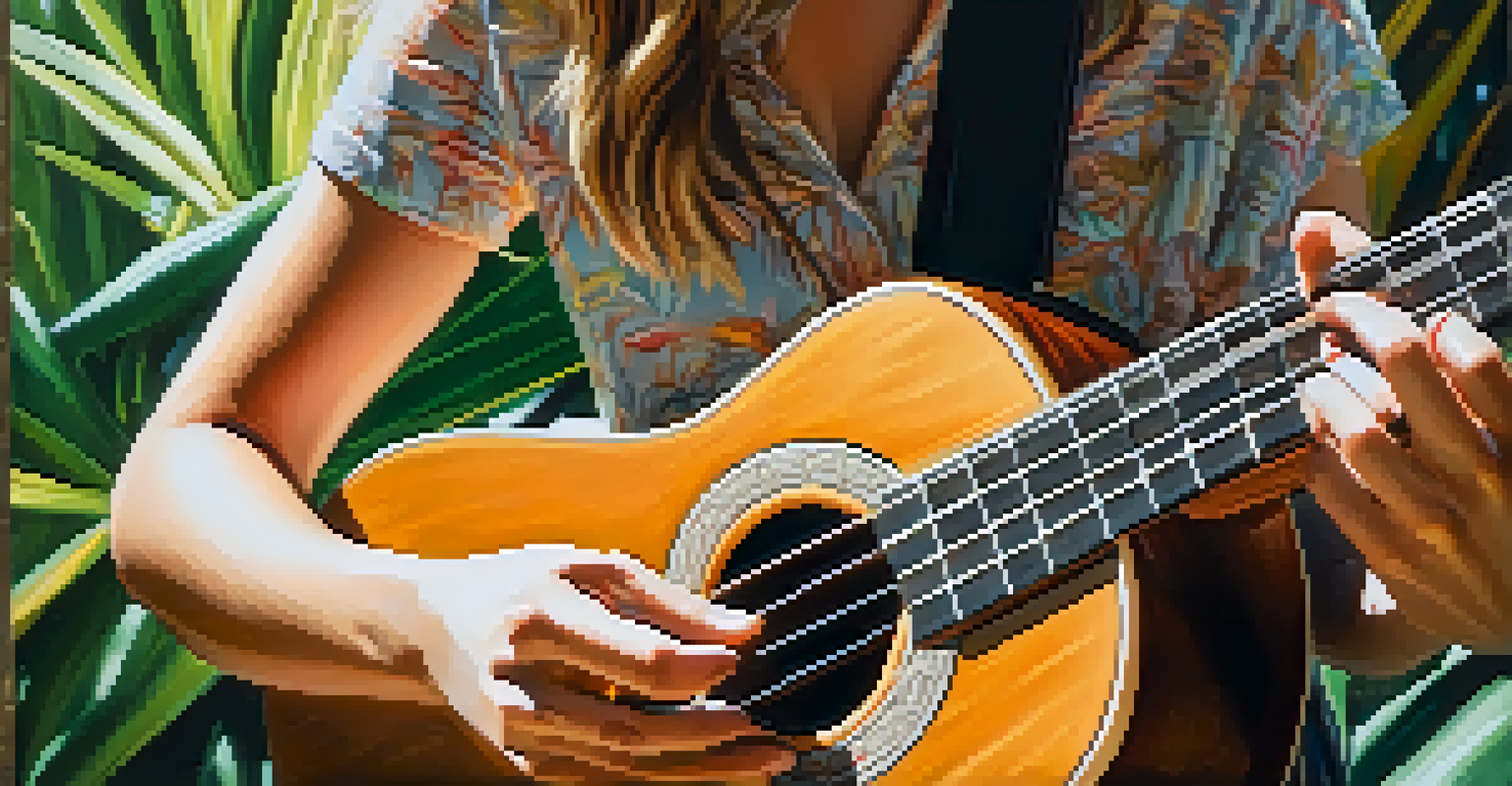 A close-up of hands strumming a ukulele with blurred tropical foliage in the background.