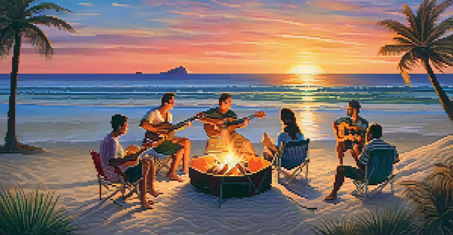 A group of friends playing ukuleles around a campfire on the beach at sunset.