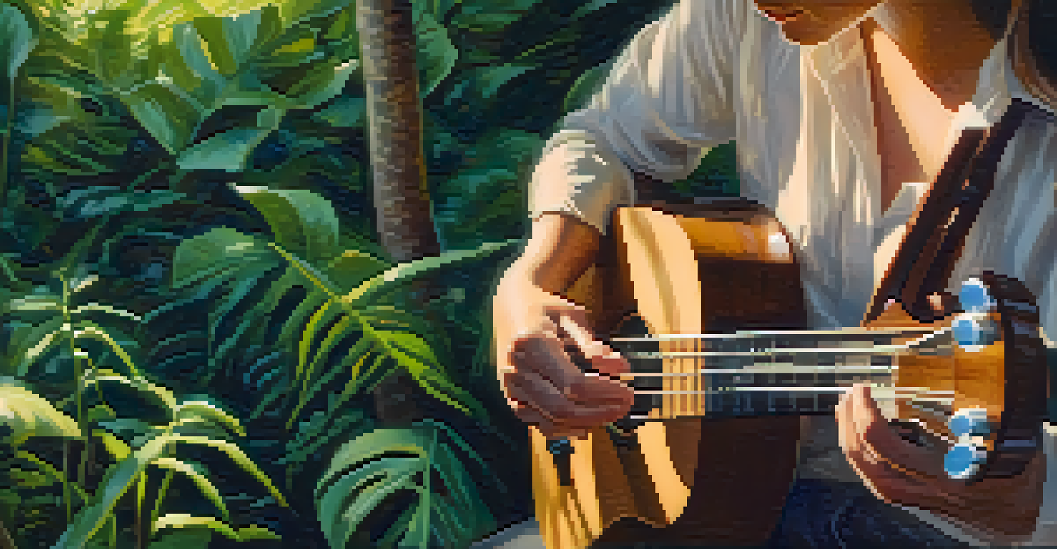 Close-up of hands strumming a ukulele, with warm sunlight highlighting the wooden texture and a blurred green background.