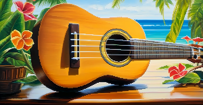 A ukulele on a wooden table with tropical flowers and greenery, illuminated by soft sunlight.