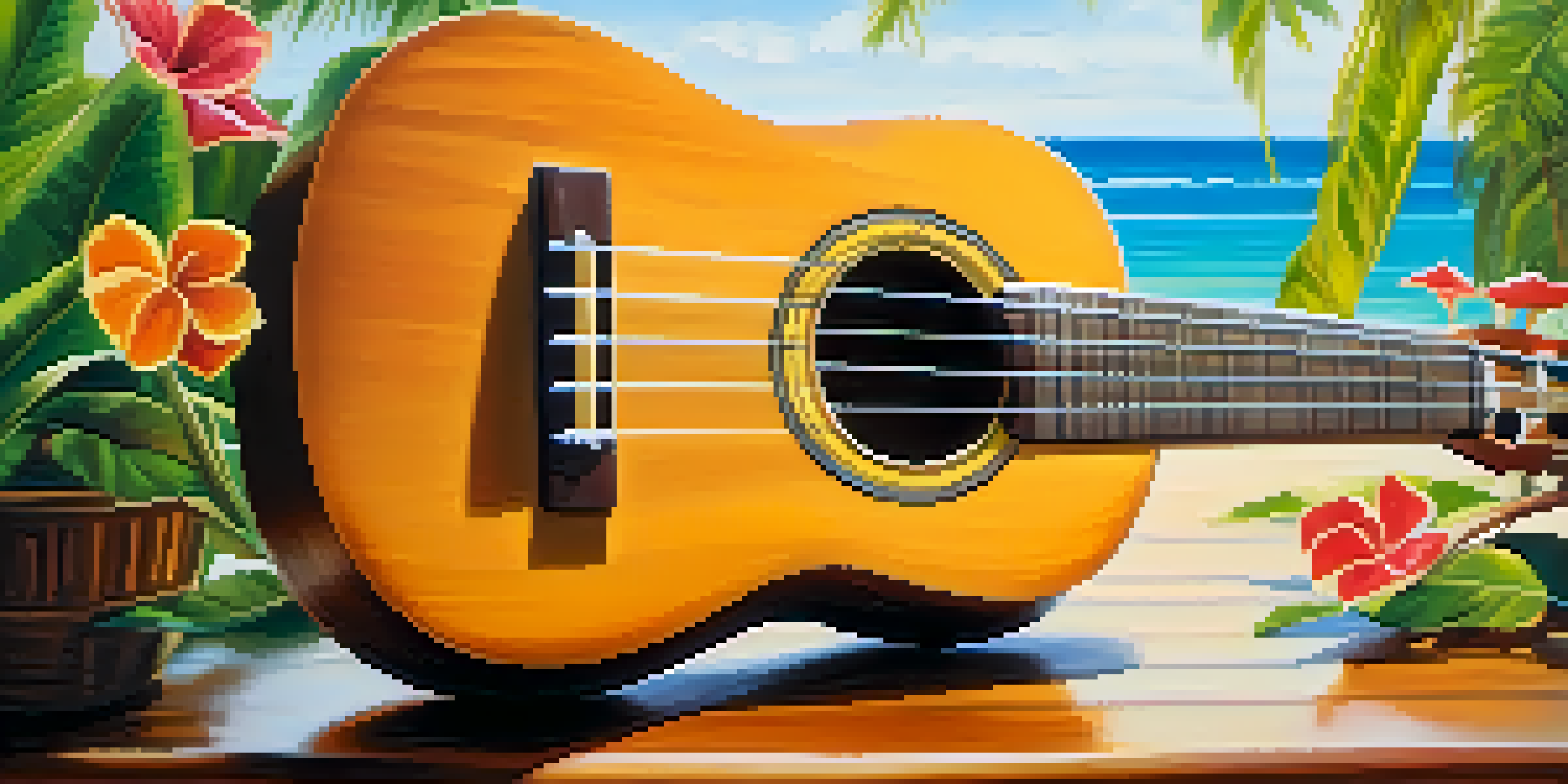 A ukulele on a wooden table with tropical flowers and greenery, illuminated by soft sunlight.