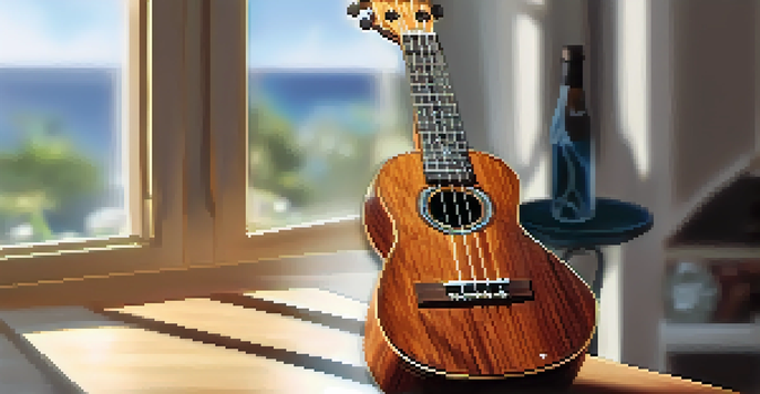 A close-up image of a ukulele on a wooden table, with sunlight highlighting its wood grain and shine, alongside cleaning materials.