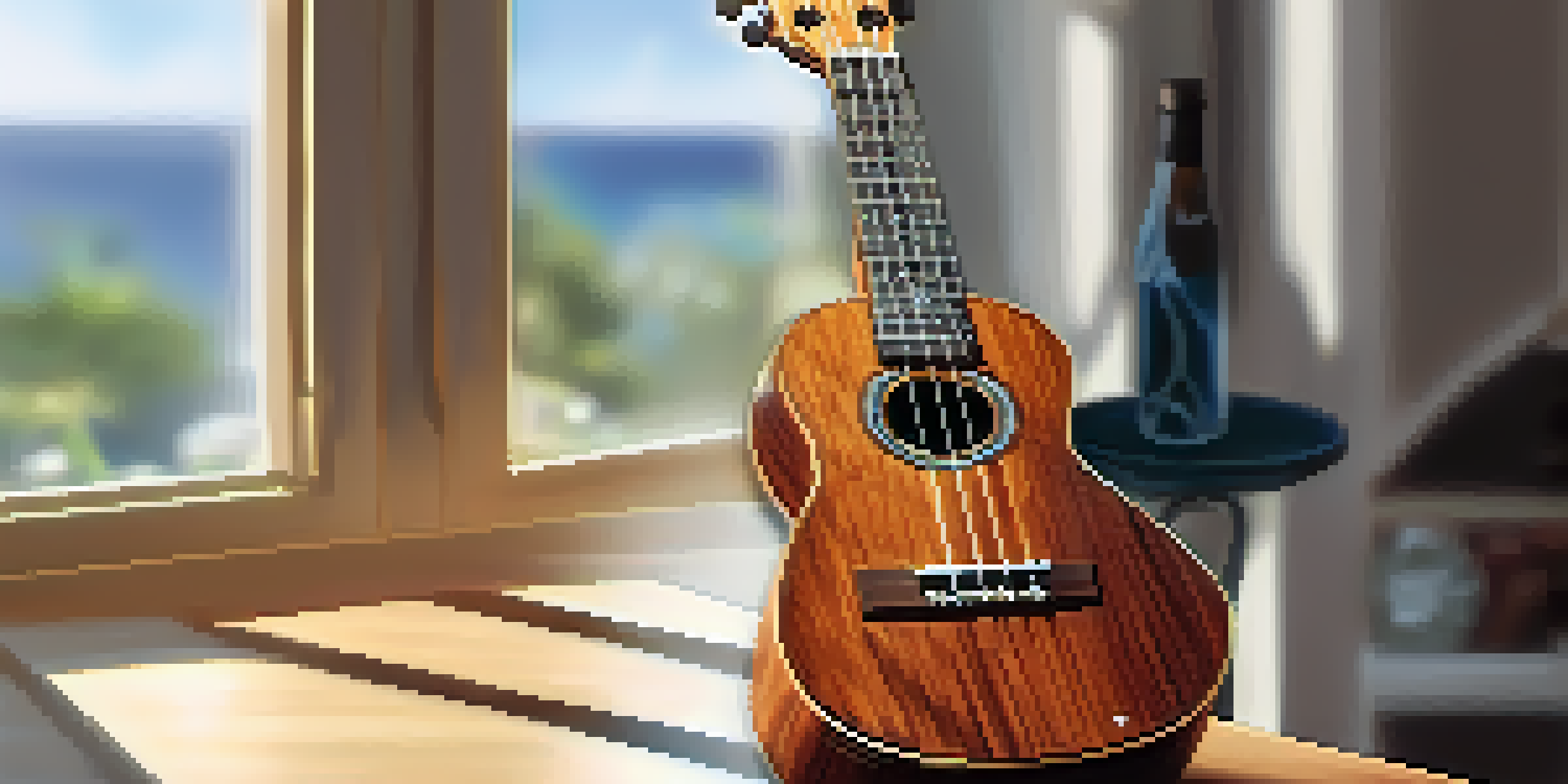 A close-up image of a ukulele on a wooden table, with sunlight highlighting its wood grain and shine, alongside cleaning materials.