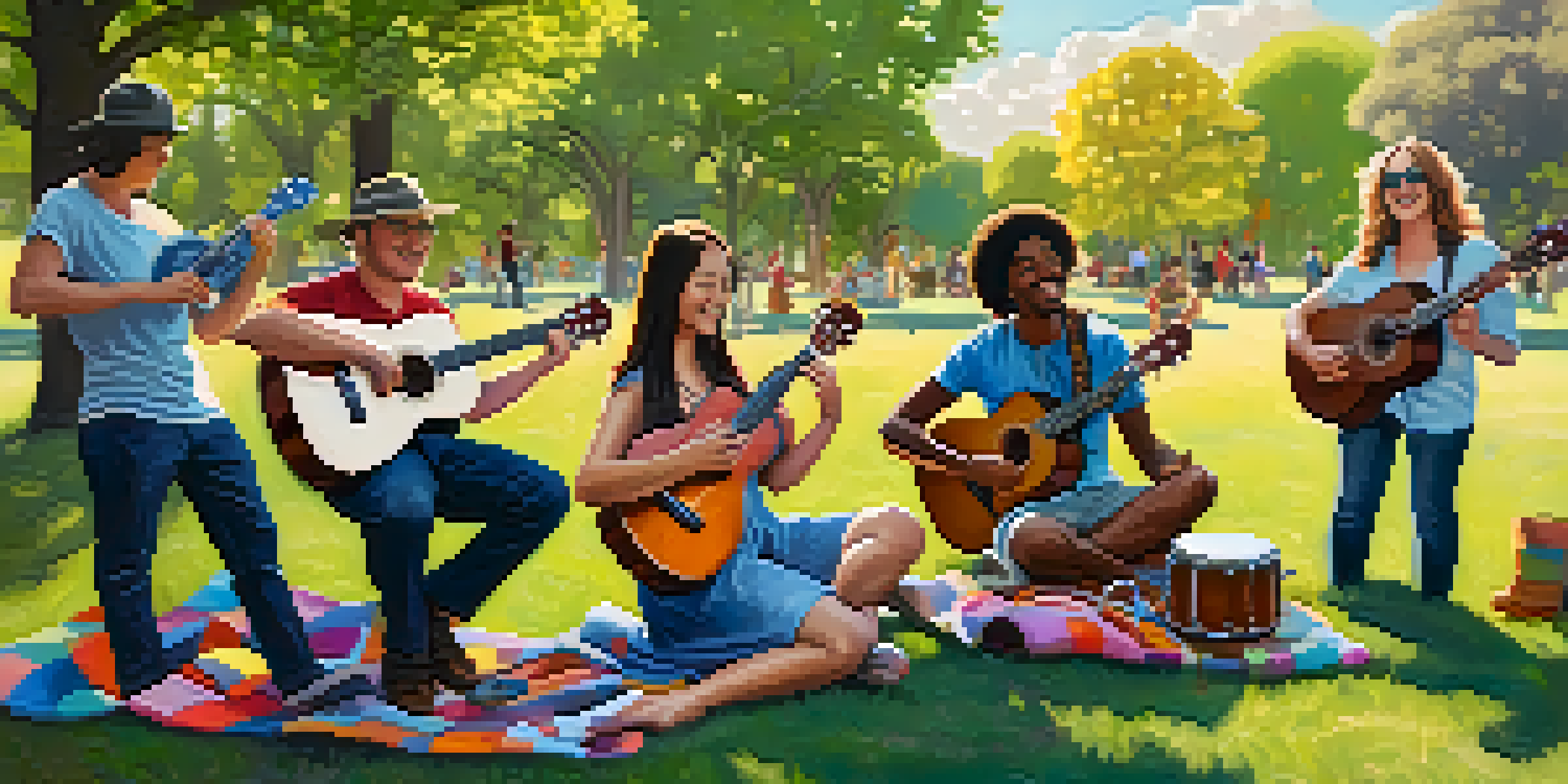 A joyful outdoor gathering of musicians playing ukuleles in a sunny park, surrounded by nature.