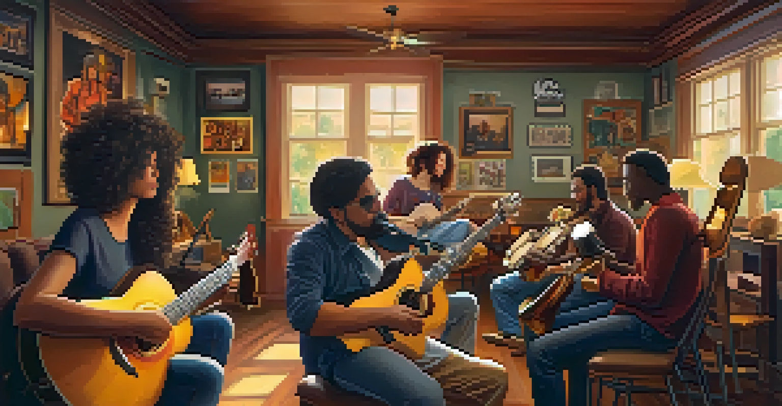 A group of musicians collaborating in a cozy room filled with instruments, illuminated by warm lighting.