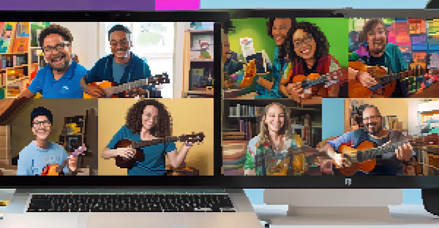 A virtual ukulele jam session on a computer screen, showing participants playing together from their homes.
