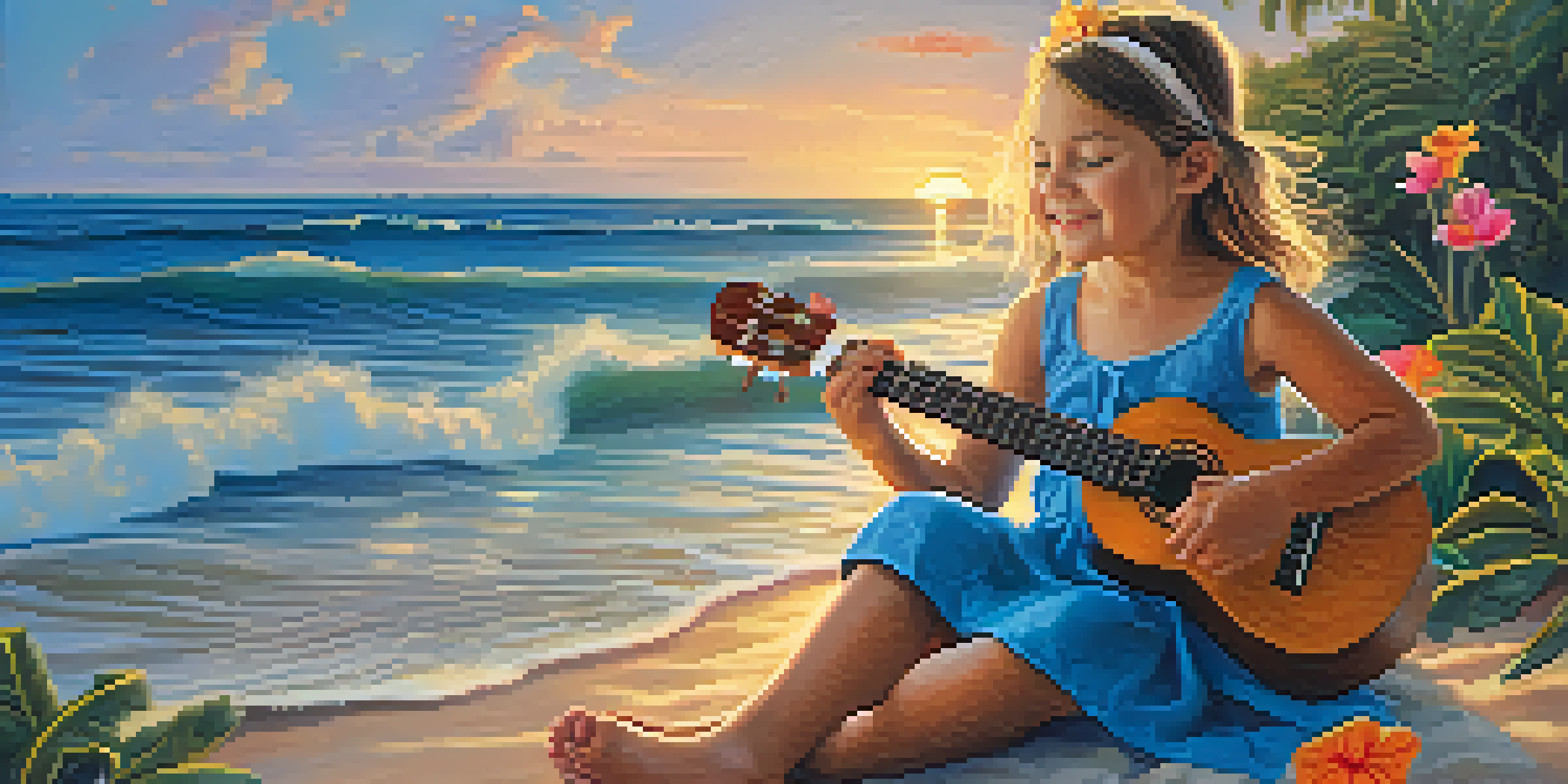 A young girl playing a ukulele on a beach, surrounded by colorful tropical flowers with a sunset in the background.