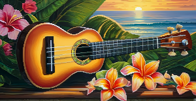 A ukulele placed among bright tropical flowers with a sunset backdrop.