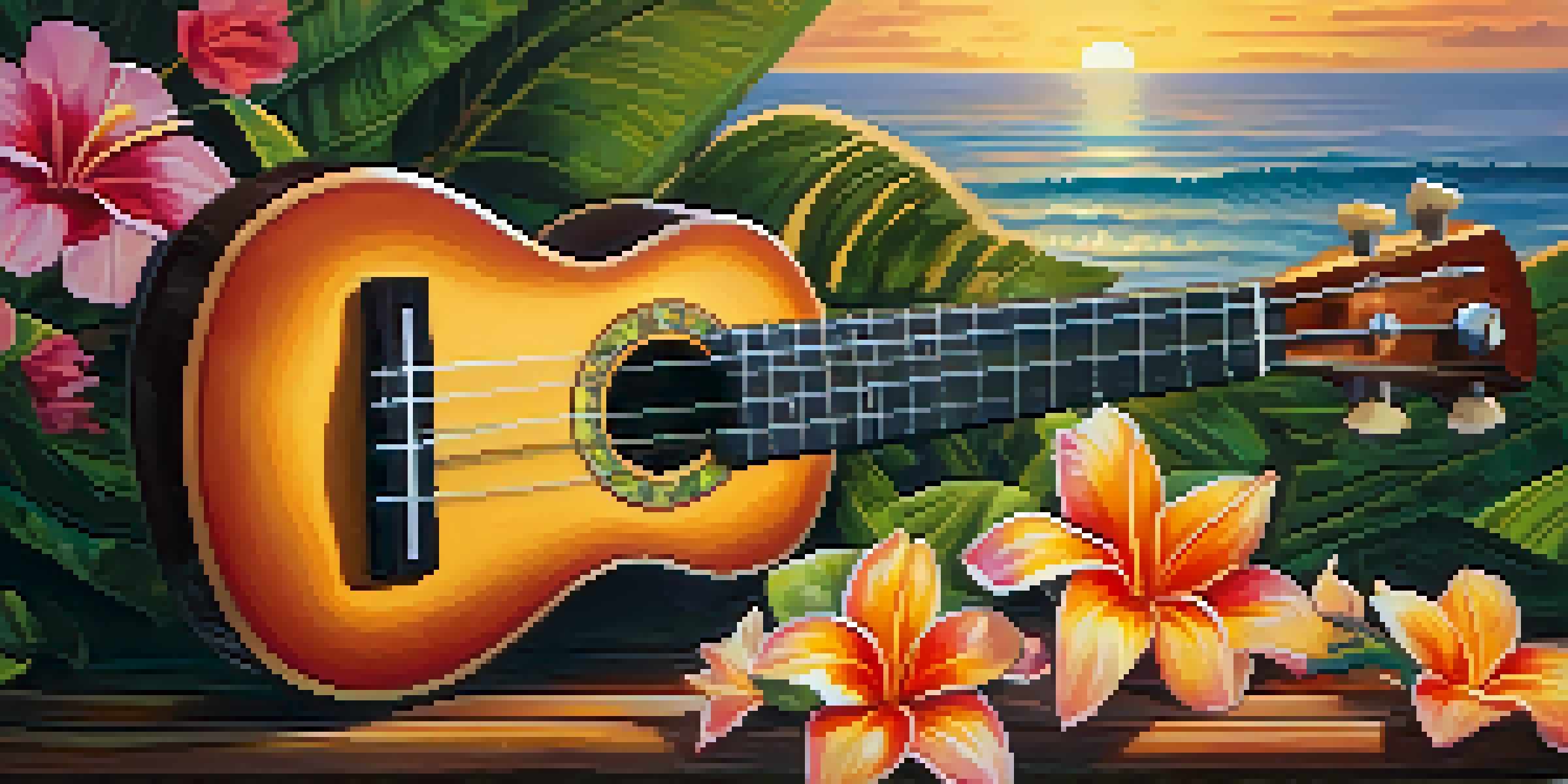 A ukulele placed among bright tropical flowers with a sunset backdrop.