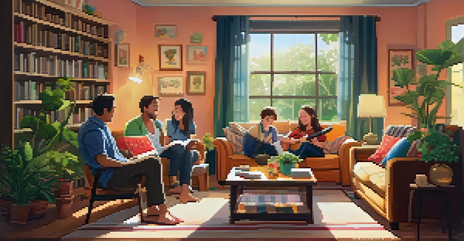 A family enjoying time together in a cozy living room while a person plays the ukulele.
