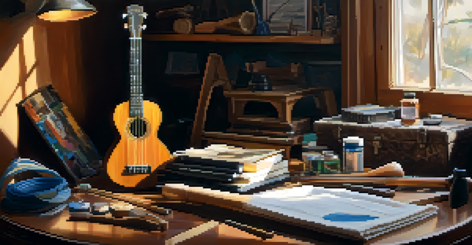 An artist's workspace with a ukulele being tuned, surrounded by tools like a string winder and tuner, in a warm light setting.