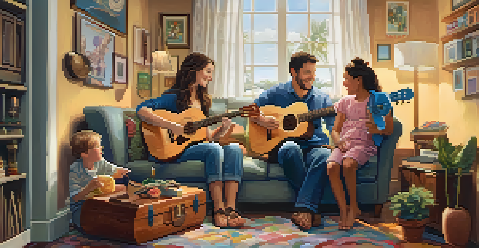 A family joyfully playing ukuleles together in a cozy living room, surrounded by warm lighting and family photos.