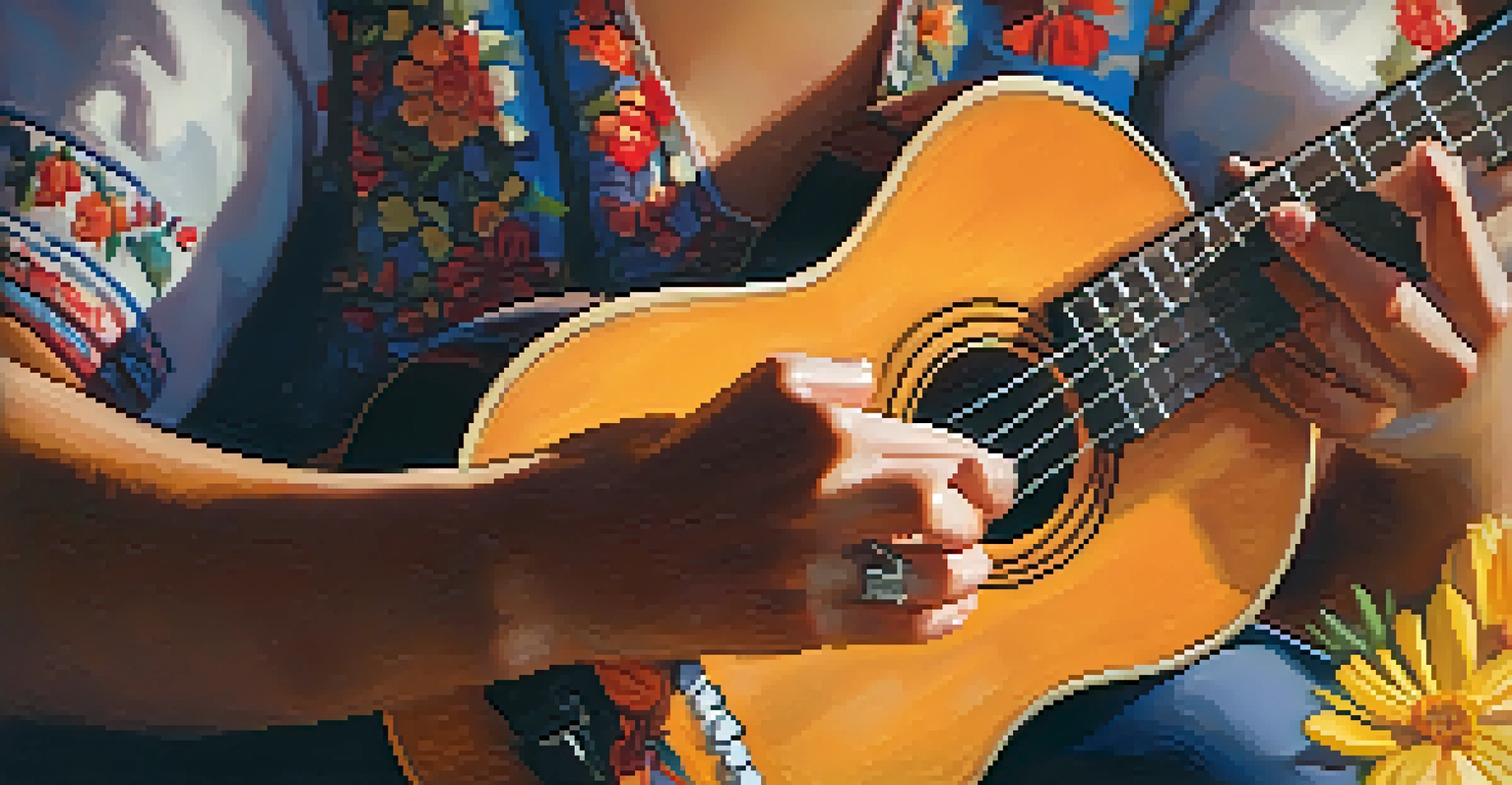Close-up of hands expertly playing a ukulele, highlighting the instrument's details and textures.