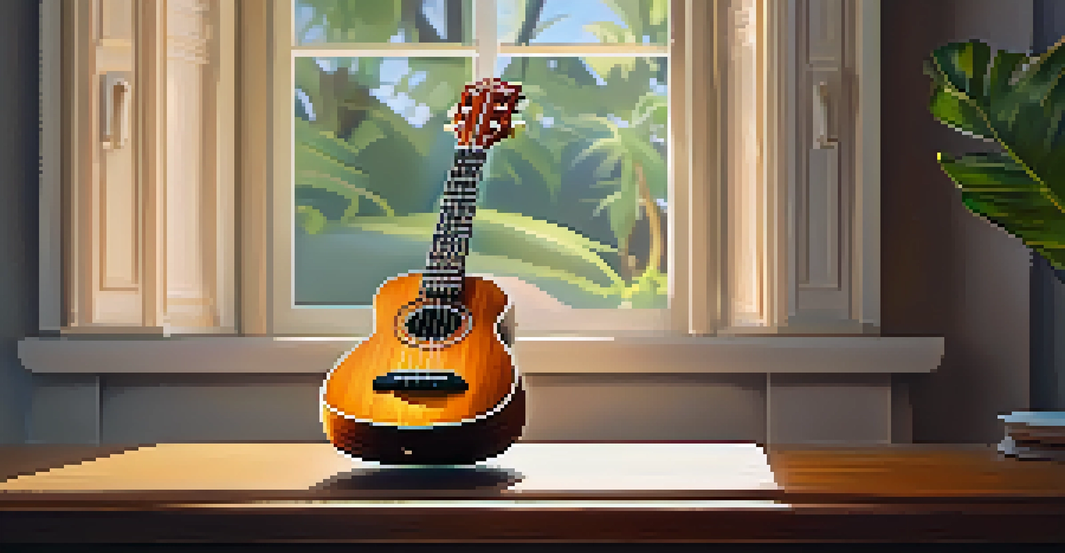 A close-up view of a beautifully crafted ukulele on a wooden table, illuminated by sunlight, showcasing its intricate details.