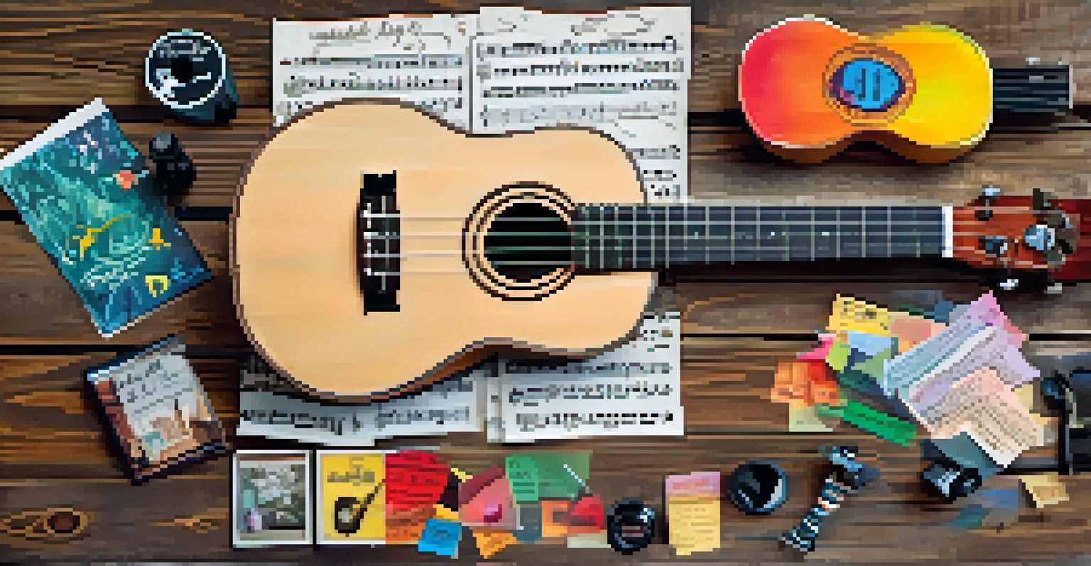 A flat lay image of a decorated ukulele, sheet music, and musical accessories on a wooden table.