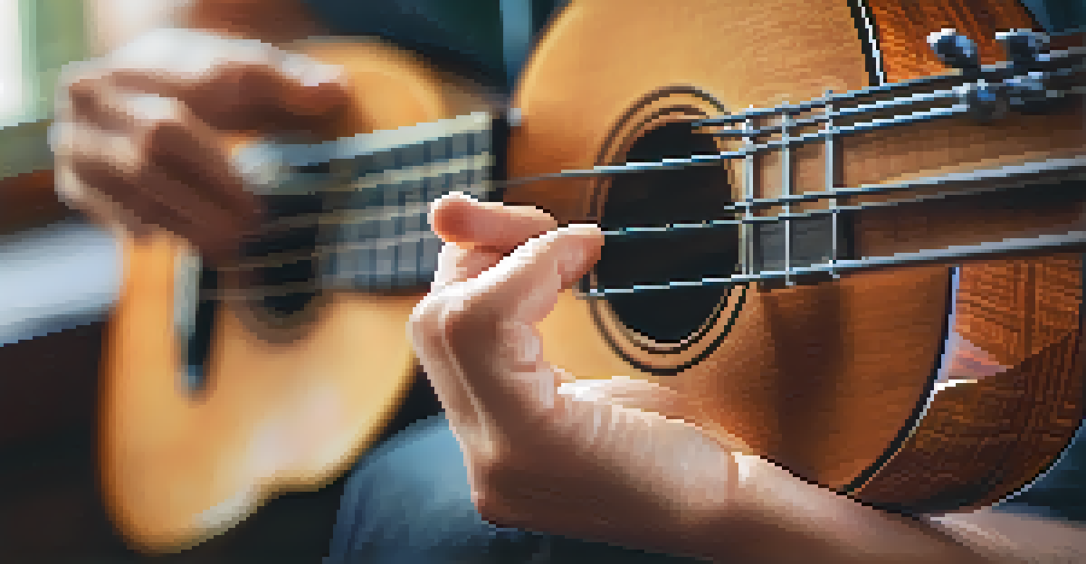 A close-up of hands playing a ukulele, focusing on the strings and the instrument's texture.