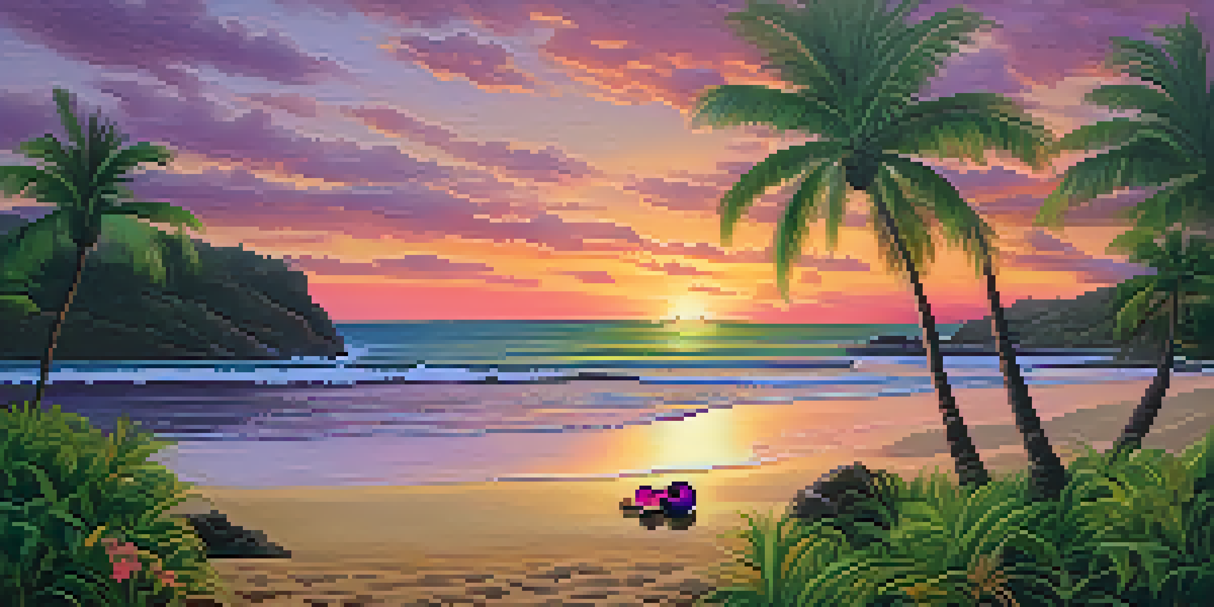 A peaceful Hawaiian beach at sunset with a silhouette of a ukulele in the foreground and palm trees surrounding the scene.