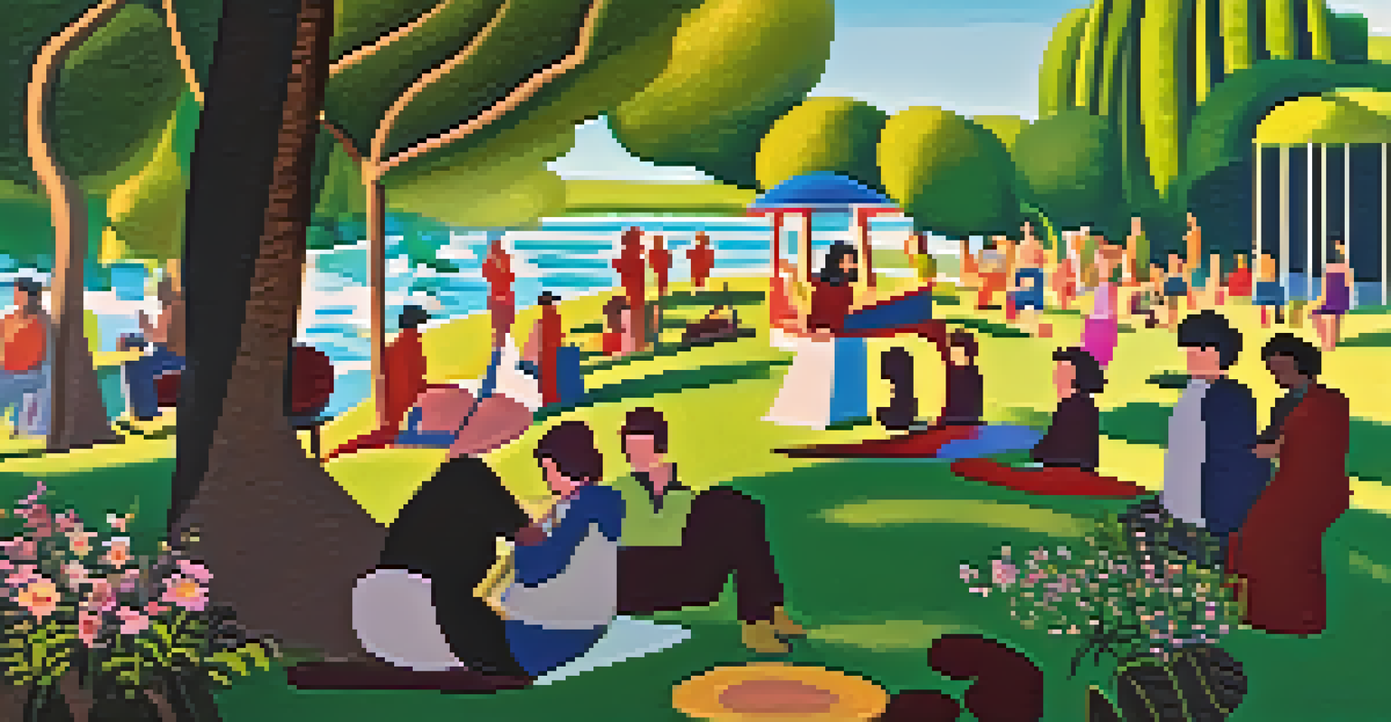 A musician performing with a ukulele in a park, with an engaged audience enjoying the sunny day.