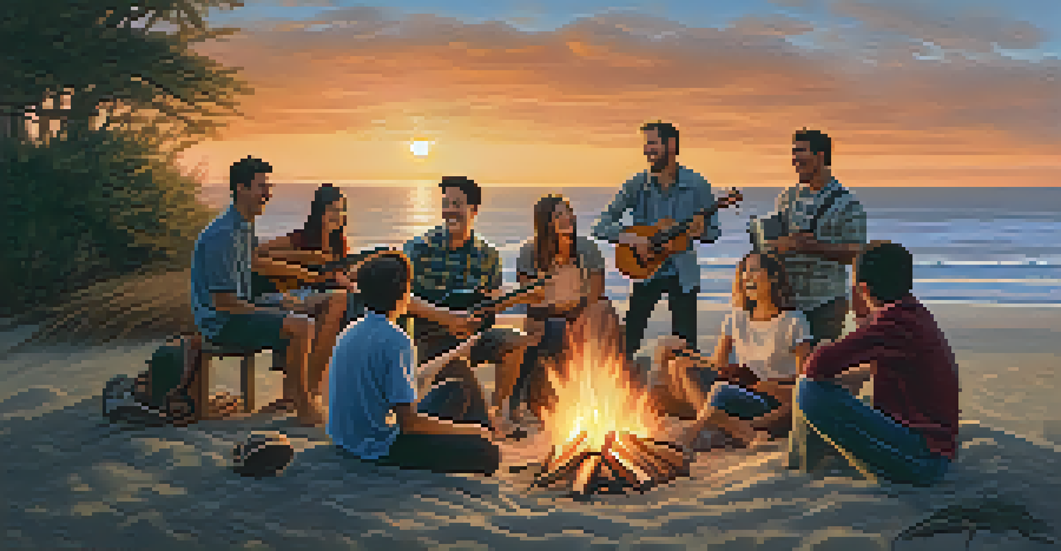 A group of friends around a campfire on the beach, with one person playing the ukulele under a twilight sky.