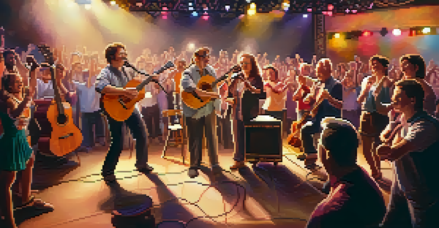 A diverse group of people performing on stage with ukuleles, surrounded by bright lights and an enthusiastic audience, creating a vibrant atmosphere.