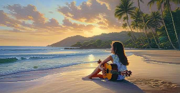 A young girl playing the ukulele on a beach in Hawaii during sunset, with palm trees and flowers in the background.