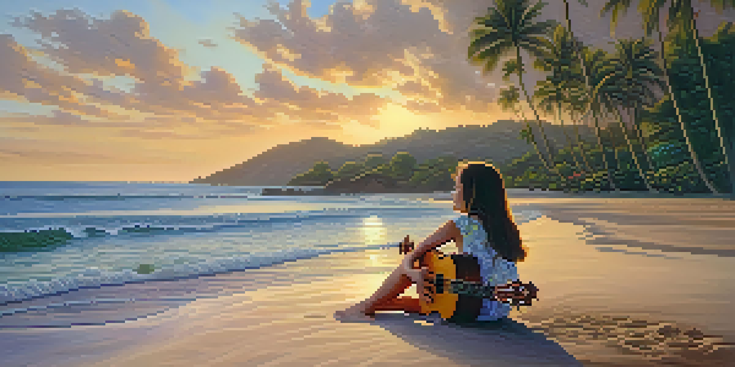 A young girl playing the ukulele on a beach in Hawaii during sunset, with palm trees and flowers in the background.