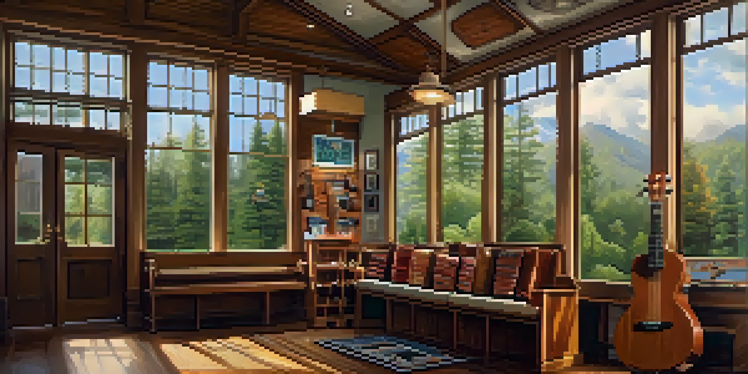 A cozy ukulele shop filled with different sizes of ukuleles, with a person playing a soprano ukulele in a well-lit setting.