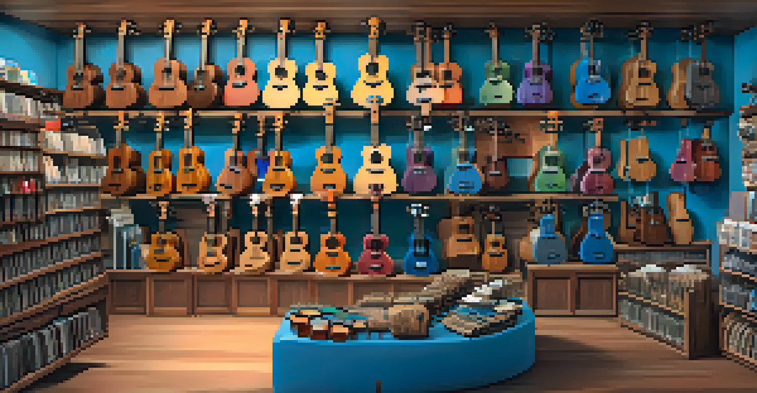 An overhead view of a music store showcasing various ukuleles, with a child reaching for a blue concert ukulele.