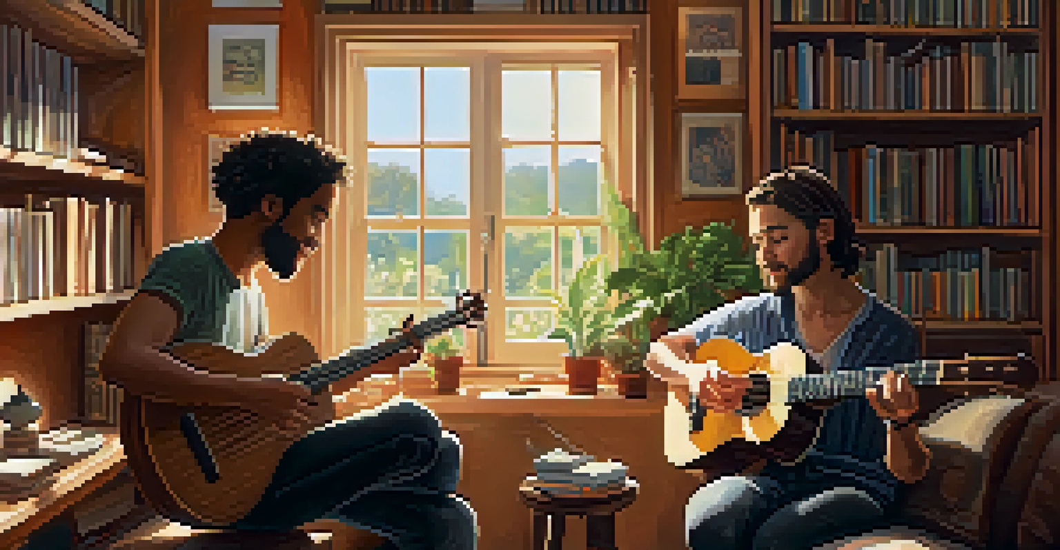 Two musicians collaborating in a cozy indoor setting, one playing a ukulele and the other writing lyrics, with warm lighting and a sunny window.