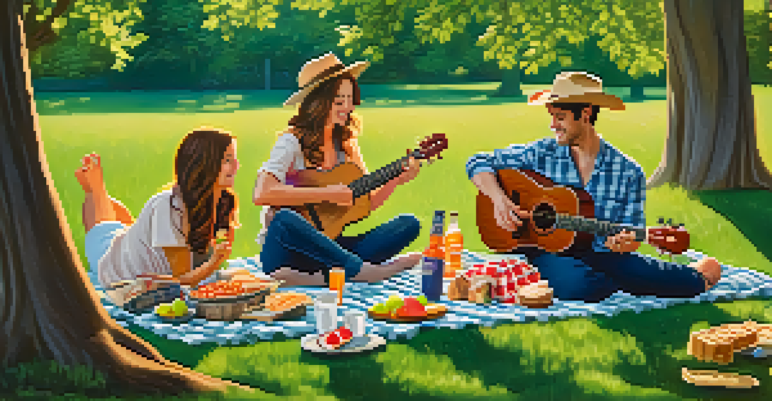 Friends enjoying a picnic in a park while playing ukuleles, surrounded by nature.