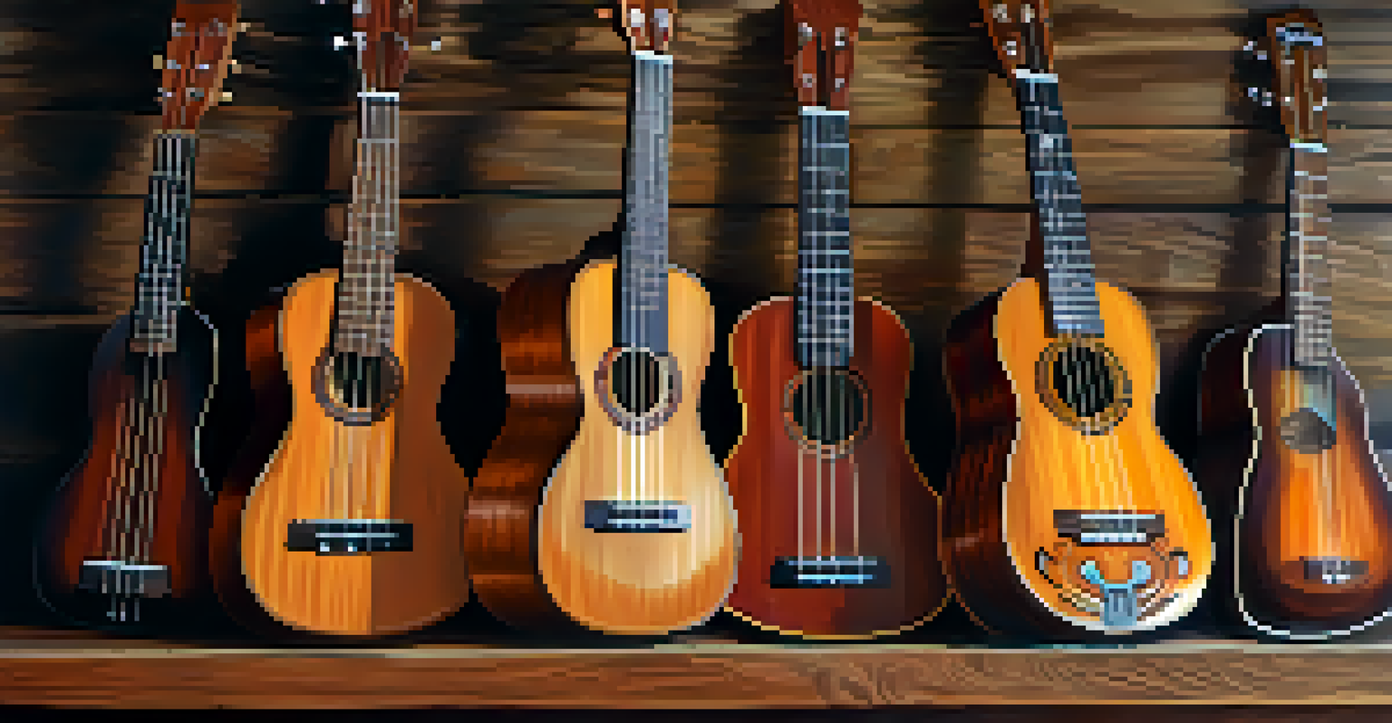 Different types of ukuleles arranged on a rustic wooden table, showcasing their unique wood textures and colors.
